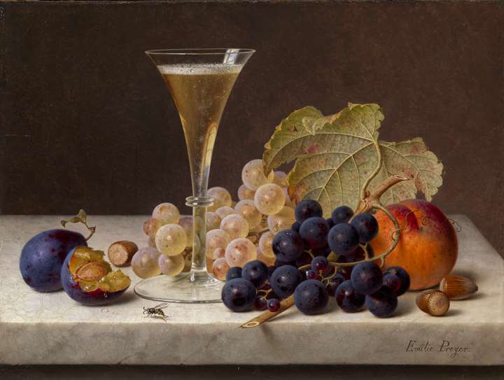 Still life with fruit and a glass of Champagne